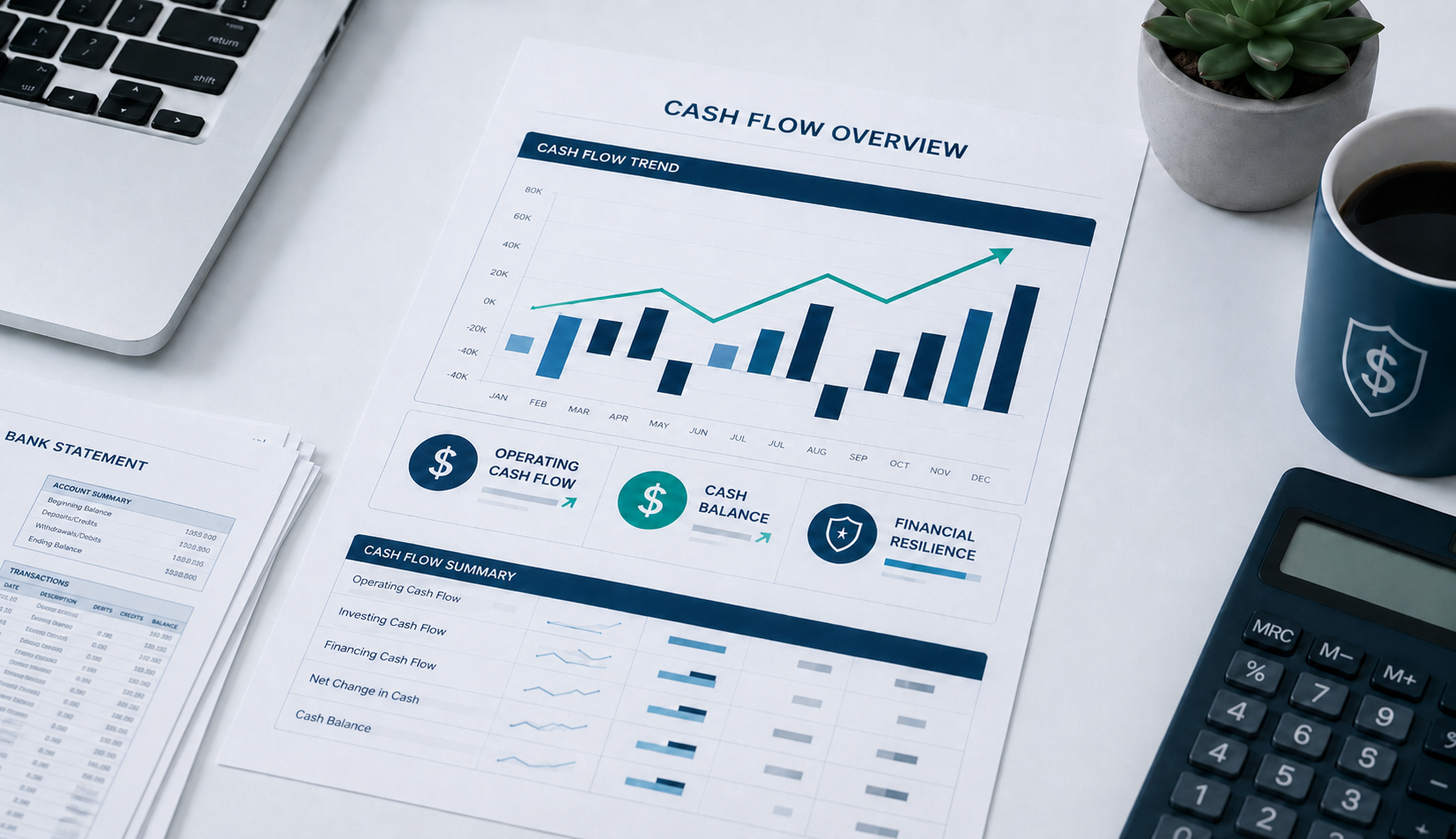 Cash flow overview with financial charts and bank statements