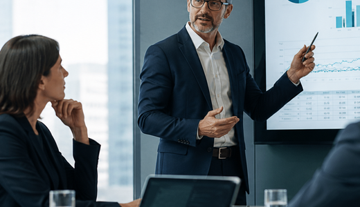Executive advisory meeting with business performance charts